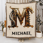 Personalized Dragon Initial Soft Tassel Blanket with Name Home Decor Birthday Gift for Dragon Lovers