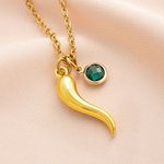 Collier personnalisé Cornicello Lucky Horn Charm Chili Pepper avec pierre de naissance et initiale Anniversary Birthday Gift for Italian Women Men