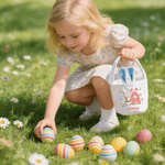 Cestino pasquale personalizzato multicolore con nome e iniziali per coniglietti, regalo di Pasqua per bambini e bambine.
