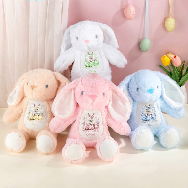 Personalised Watercolor Floral Rabbit Plush Easter Bunny Stuffed Toy with Name Party Basket Filler Easter Gift for Newborns Kids