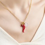 Collier personnalisé Cornicello Lucky Horn Charm Chili Pepper avec pierre de naissance et initiale Anniversary Birthday Gift for Italian Women Men