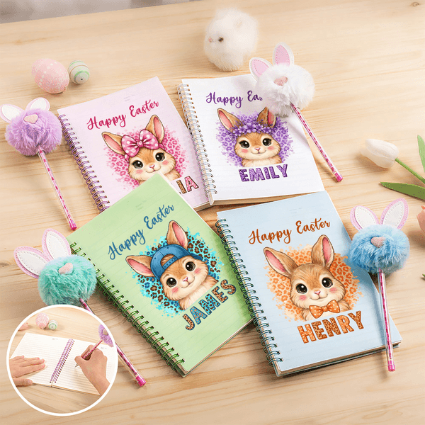 Personalized Happy Easter Cute Rabbit A5 Spiral Notebook and Pom Puff Pen Set with Lined Pages and Name Easter Gift for Boys Girls