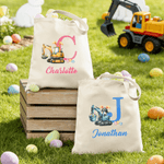 Personalized Cute Excavator Bunny Ears Easter Egg Canvas Tote Bag with Name Daily Use Easter Egg Hunt Gift for Boys Girls