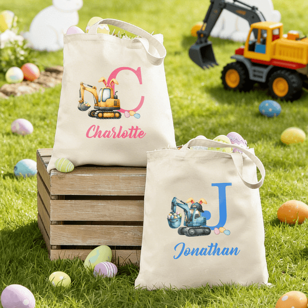 Personalized Cute Excavator Bunny Ears Easter Egg Canvas Tote Bag with Name Daily Use Easter Egg Hunt Gift for Boys Girls