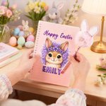 Personalized Happy Easter Cute Rabbit A5 Spiral Notebook and Pom Puff Pen Set with Lined Pages and Name Easter Gift for Boys Girls