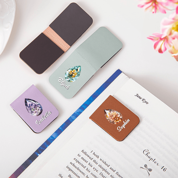Personalized Birthstone Birth Flower PU Leather Magnetic Bookmark Clip with Name Reading Accessory Birthday Gift for Book Lover Friends