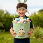 Personalised Cute Wreath Rabbit Plaid Easter Basket with 3-7 Names and Ruffles Eggs Hunting Party Easter Gift for Kids