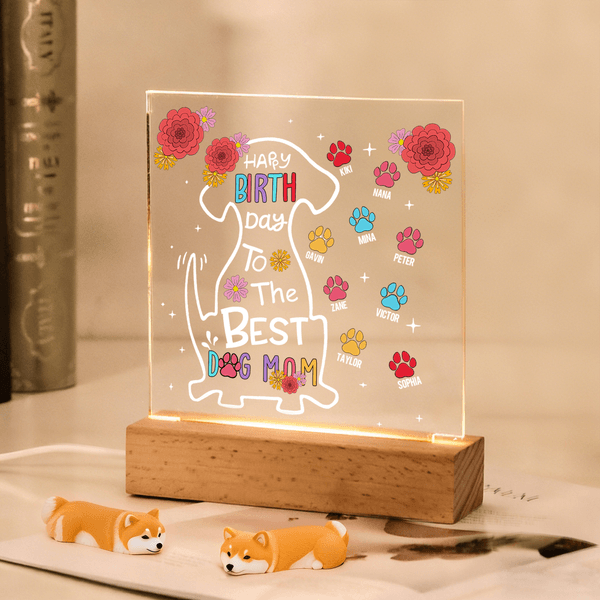Personalized 1-10 Dog Paws Acrylic LED Night Light with Name and Wooden Base Birthday Mother's Day Gift for Dog Owner