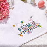 Personalized Easter Bunny Egg Flower Carrot Waffle Tea Towel with Name Kitchen Decor Easter Party Gift for Boys Girls Family