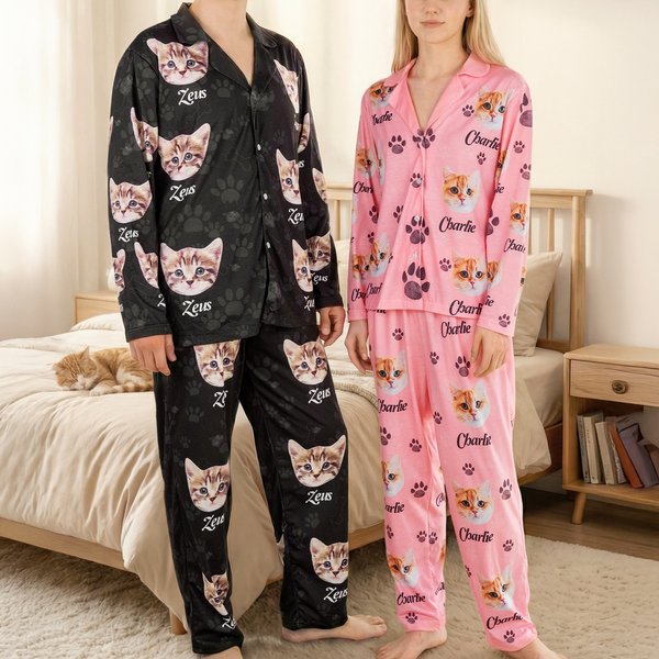 Personalized Cute Paw 1-5 Pet Face Photo Avatar Long-Sleeved Pajamas Set with Name Birthday Gift for Women Men Pet Lover