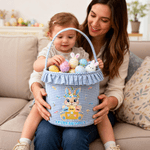 Personalised Cute Wreath Rabbit Plaid Easter Basket with 3-7 Names and Ruffles Eggs Hunting Party Easter Gift for Kids