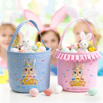Personalised Cute Wreath Rabbit Plaid Easter Basket with 3-7 Names and Ruffles Eggs Hunting Party Easter Gift for Kids