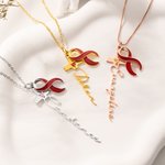 Personalised Heart Birthstone Silk Cross Necklace with Name Dainty Jewellery Baptism Birthday Gift for Christians Women