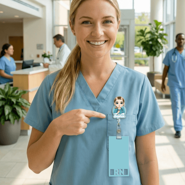 Personalized Cartoon Medical Character Acrylic ID Badge Reel with Name and Title Appreciation Nurse Week Gift for Doctor Nurse Medical Staff