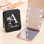 Personalized Birth Flower Pearl Effect LED Folding Makeup Mirror with Name and Initial Travel Birthday Gift for Makeup Artists Friends