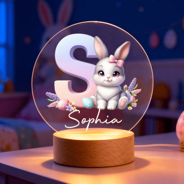 Personalized Cute Cloud Rabbit Seven Colors Initial LED Night Light with Name and Wooden Base Room Decor Birthday Easter Party Favor Gift for Kids