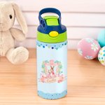 Personalized Cute Rabbit Easter Eggs Flower 12 oz Insulated Water Bottle with Straw and Spill-Proof Lid Easter Day Gift for Kids