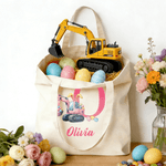 Personalized Cute Excavator Bunny Ears Easter Egg Canvas Tote Bag with Name Daily Use Easter Egg Hunt Gift for Boys Girls