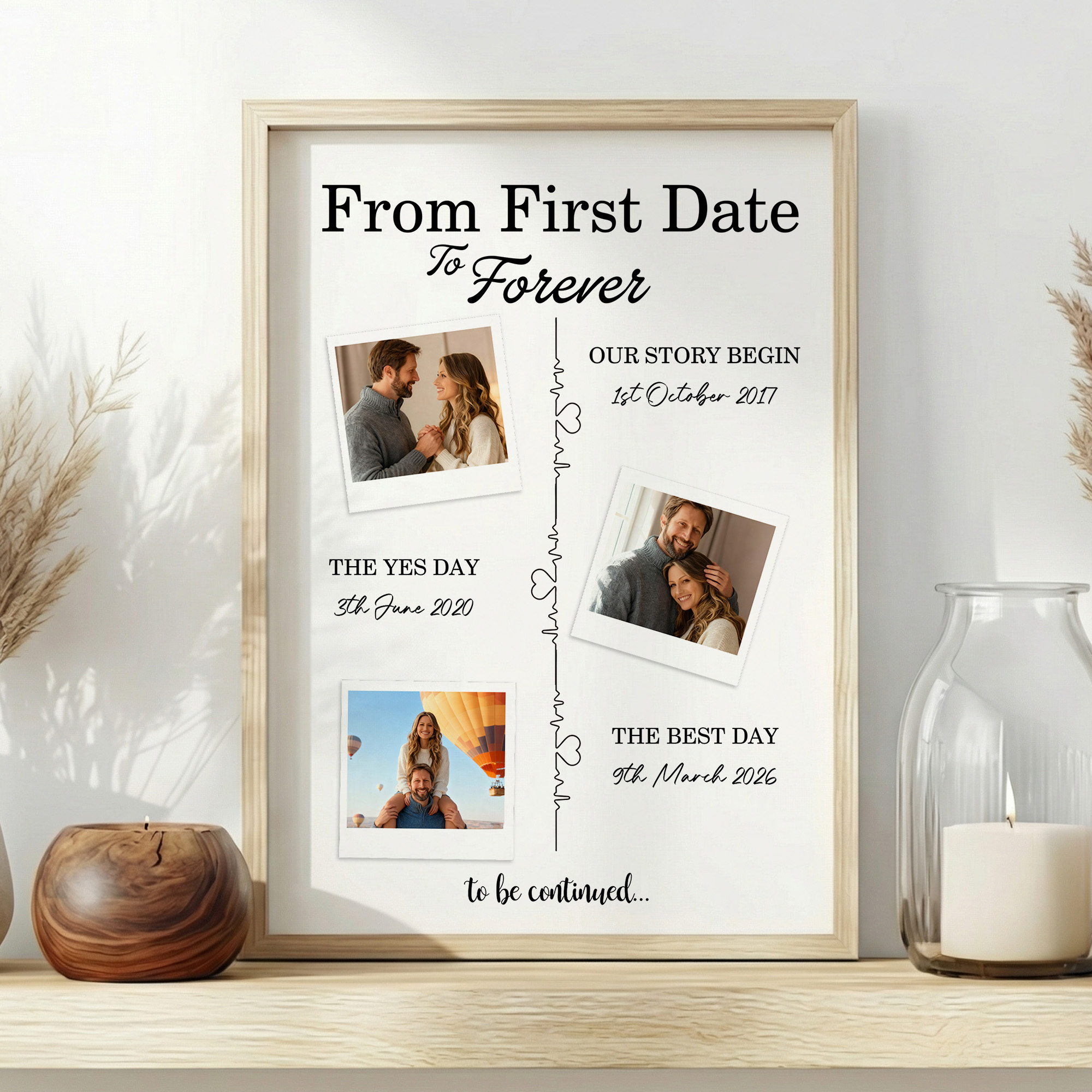 Cadre Electrocardiogramme 3 Photos Personnalisé avec Texte et Date Décoration Maison Cadeau de Saint Valentin pour Couple Femme Mari