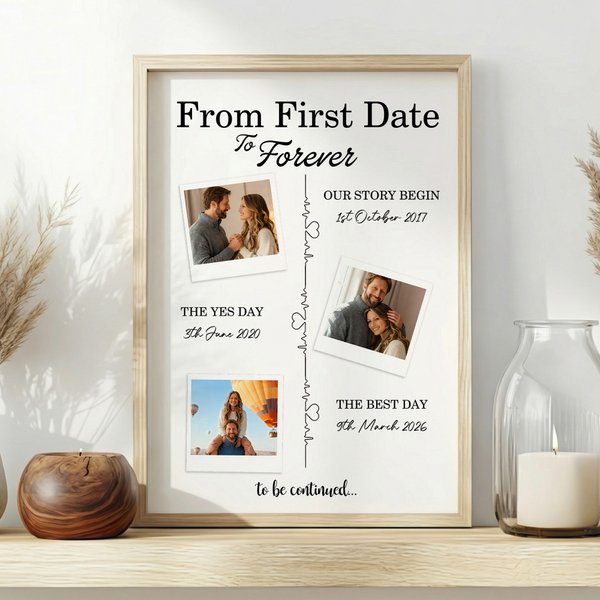 Personalised Love Electrocardiogram 3 Photos Frame Painting with Text and Date Home Decor Valentine's Day Gift for Couple Wife Husband