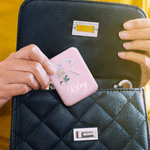 Personalized Birth Flower Pearl Effect LED Folding Makeup Mirror with Name and Initial Travel Birthday Gift for Makeup Artists Friends