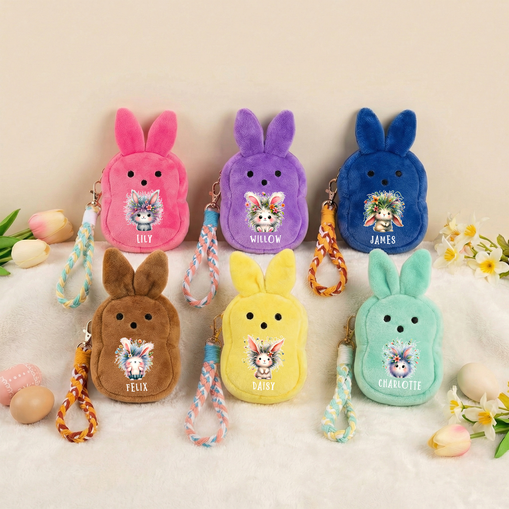 Oreilles de lapin en peluche personnalisées avec nom et bracelet Fête de Pâques Cadeau d'anniversaire pour garçons filles