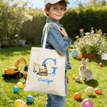 Personalized Cute Excavator Bunny Ears Easter Egg Canvas Tote Bag with Name Daily Use Easter Egg Hunt Gift for Boys Girls