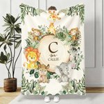Personalised Cute Cartoon Jungle Animals Soft Throw Blanket with Name and Text Nusery Room Decor Birthday Baby Shower Gift for Kids