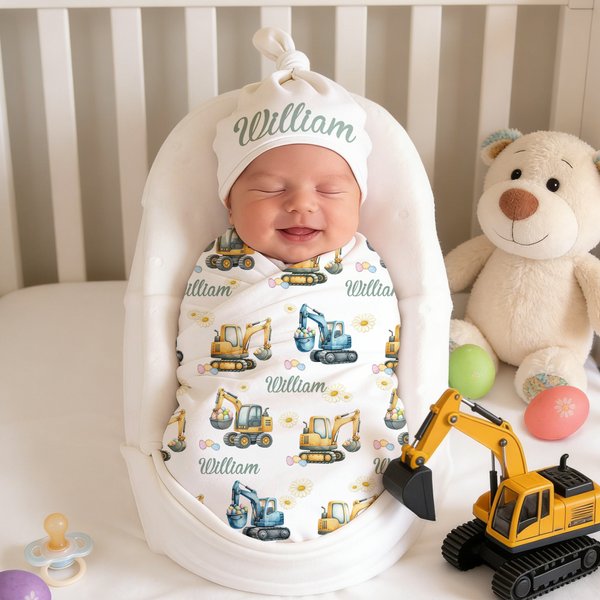 Personalized Excavator Easter Egg Soft Baby Swaddle Blanket Outfit with Name Easter Baby Shower Gift for Newborns New Parents