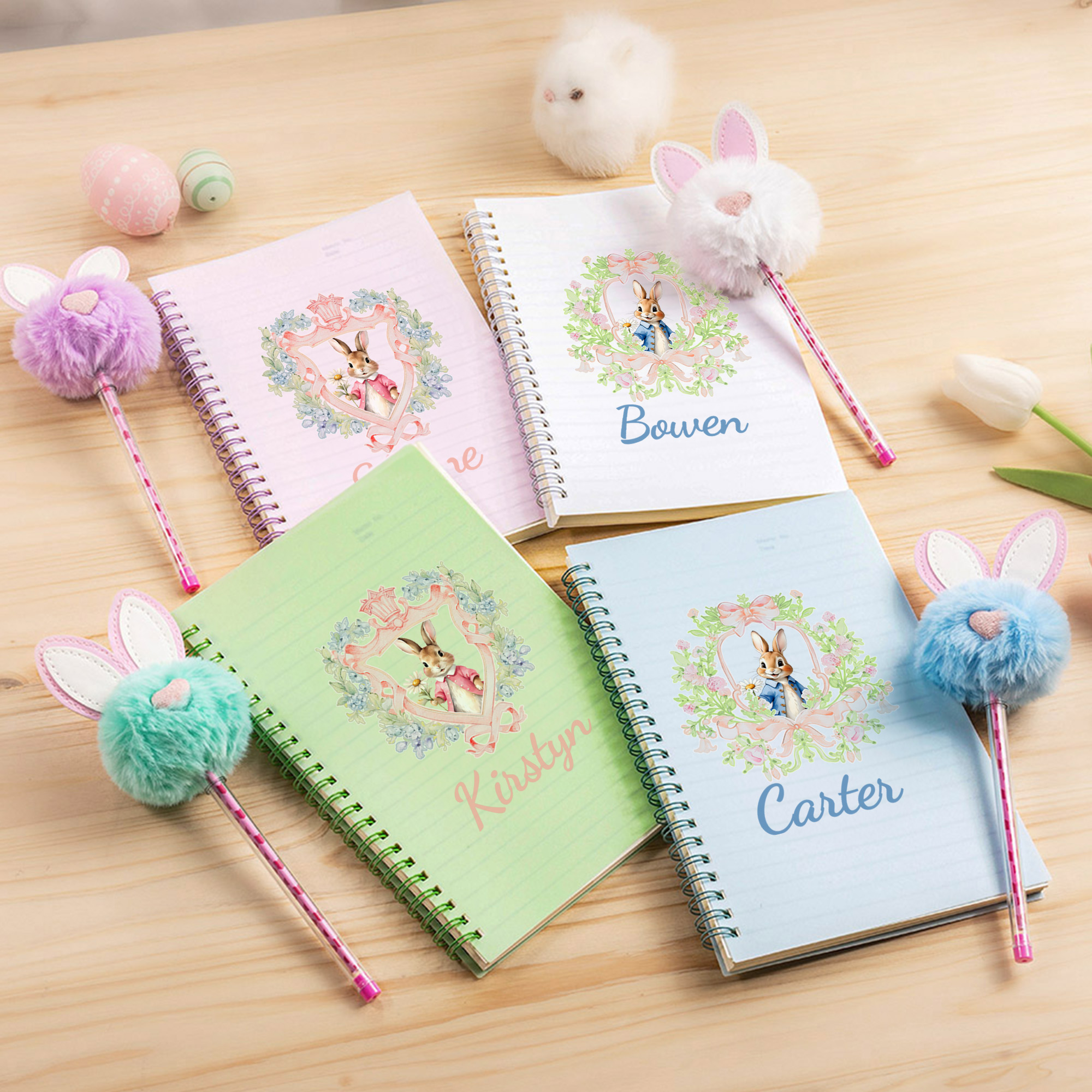 Cahier à spirales et parure de stylos Pom Pom personnalisés avec nom Cadeau de Pâques pour garçons filles