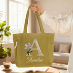 Sac en velours côtelé personnalisé avec fleur de naissance nom et initiale - Sac de grande capacité - Cadeau d'anniversaire pour elle