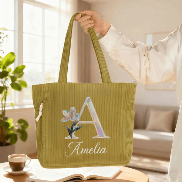 Personalized Pearl Effect Birth Flower Corduroy Large Capacity Tote Bag with Name and Initial Daily Use Birthday Gift for Her