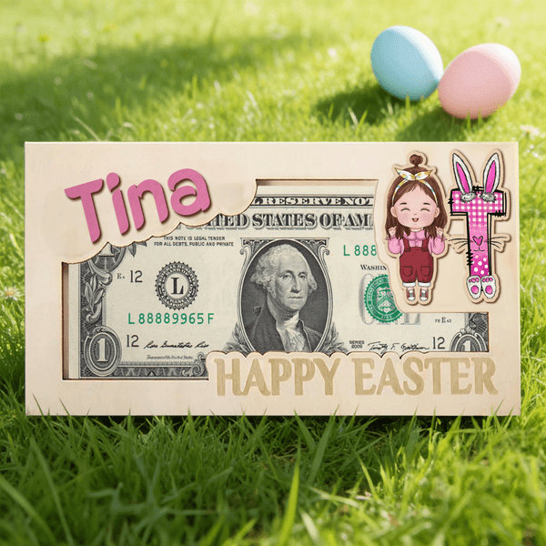 Personalized Cartoon Character Clip Art Wooden Money Holder with Name and Initial Daily Use Easter Gift for Kids