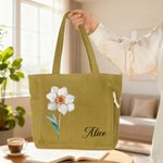 Personalized Birth Flower Corduroy Large Capacity Name Tote Bag with Zipper and Front Pocket Daily Use Birthday Bachelorette Party Gift for Her