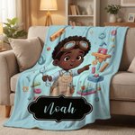 Personalised Cute Cartoon Little Dreamer Black Boy Soft Throw Blanket with Name Home Decor Birthday Gift for Boys