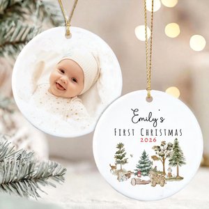 Personalised First Christmas Forest Animal Baby Photo Ceramic Ornament with Name and Year Home Decor First Christmas Gift for Newborns