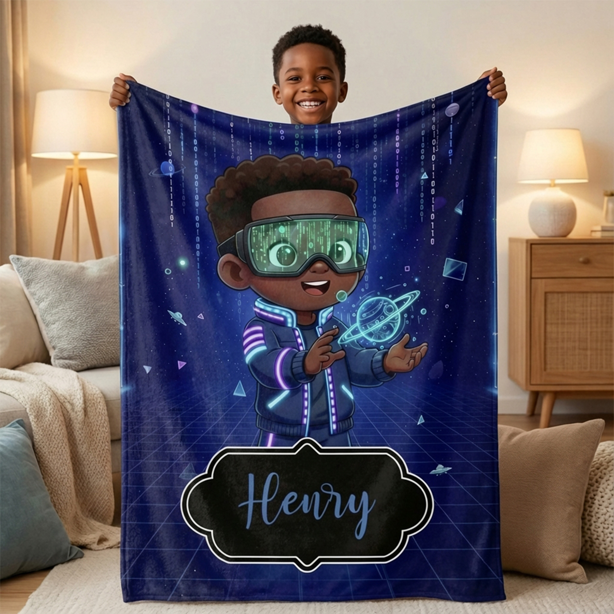Personnalisé Cartoon Little Dreamer Black Boy Soft Throw Blanket with Name Home Decor Birthday Gift for Boys (Cadeau d'anniversaire pour garçon)
