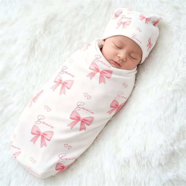 Personalisierte niedlichen Bogen weichen Swaddle Hut Bademantel Set mit Namen Baby Dusche Geburtstag Geschenk für Neugeborene neue Mütter