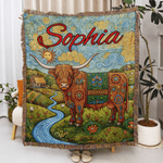 Personalized Bohemian Style Highland Cow Tassel Soft Throw Blanket with Name Daily Use Birthday Anniversary Gift for Women Girls