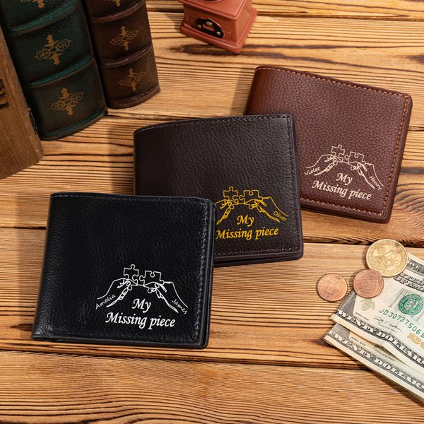 Gepersonaliseerde Multicolor My Missing Piece PU Leren Portemonnee met Namen Valentijnsdag Verjaardagscadeau voor Vriend Man