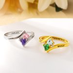 Personalised Double Heart Birthstones Sterling Silver Ring with Name Dainty Jewellery Valentine's Day Anniversary Gift for Couples Sister