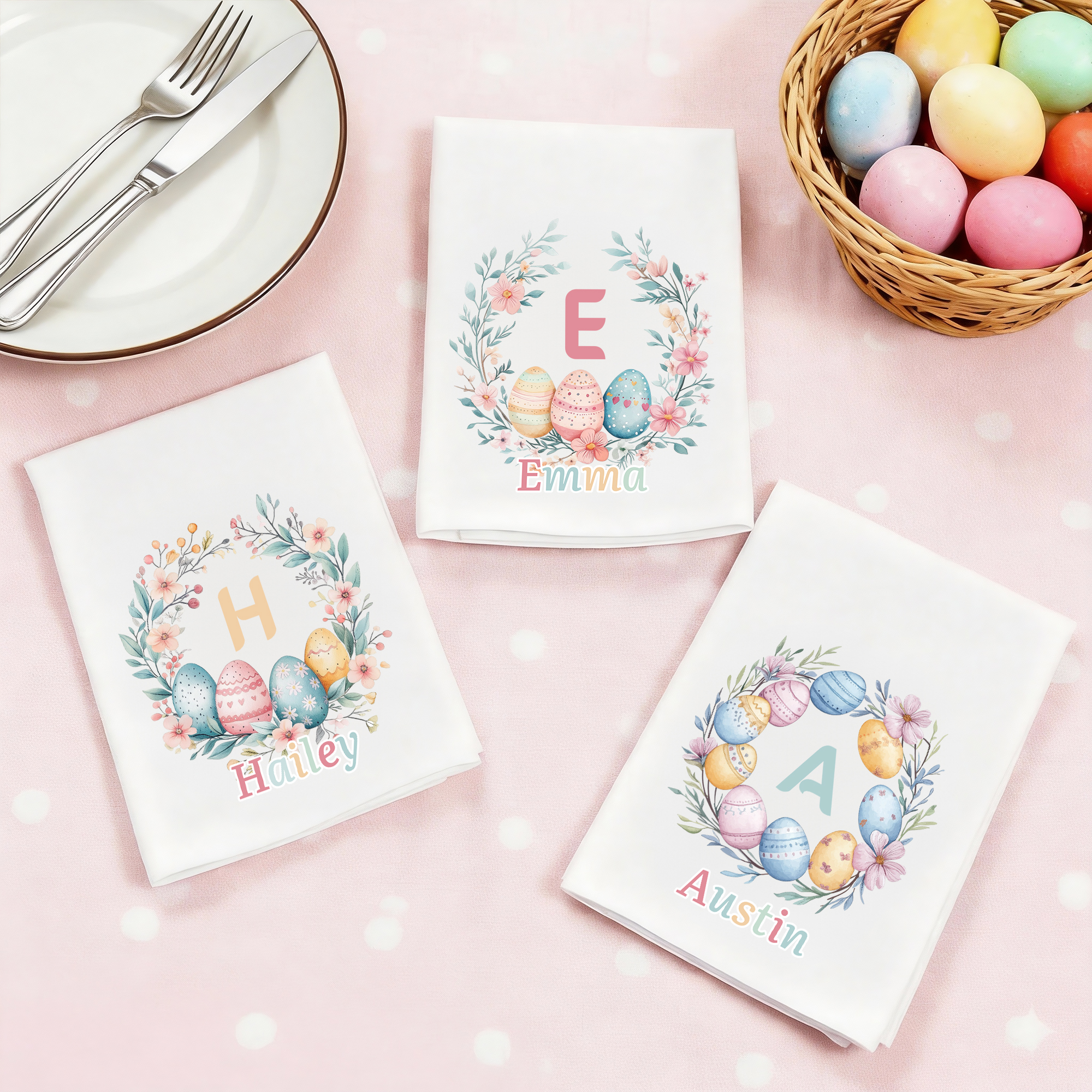 Serviette de table 100% coton avec nom coloré Décoration de table Cadeau de Pâques pour enfants Famille