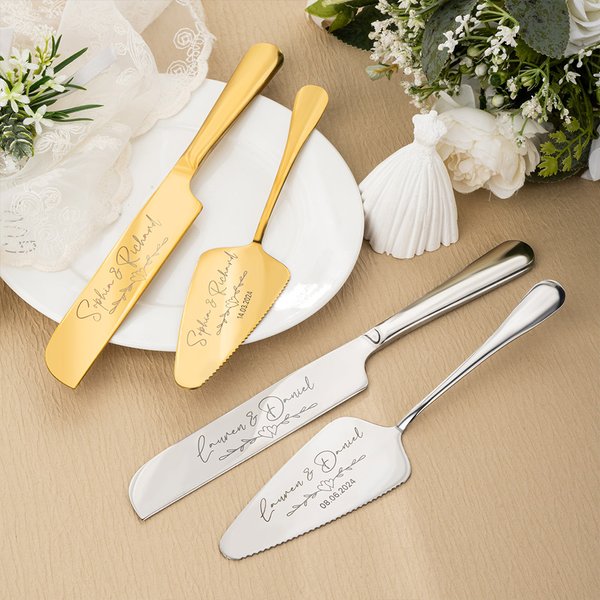 Personalisierter Tortenheber und Tortenmesser im Set mit Namen und Datum Gravur Hochzeit Brautparty Geschenk für Brautpaar Ehepaar