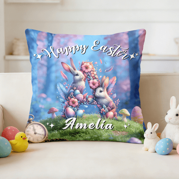 Personalized Cute Easter Rabbit Initial Forest Easter Egg Throw Pillow Cover with Name Home Decor Easter Gift for Family Kids