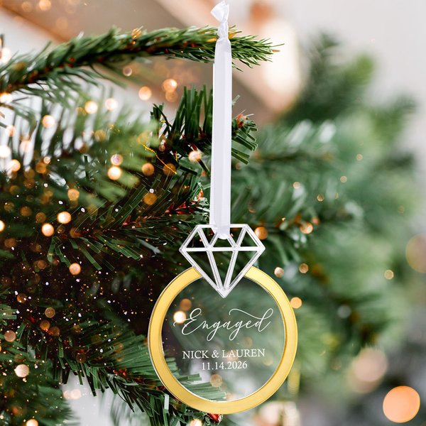 Personalised Romantic Engaged Diamond Ring Shaped Ornament with Name and Date Wedding Anniversary Engagement Gift for Couple