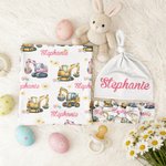 Personalized Excavator Easter Egg Soft Baby Swaddle Blanket Outfit with Name Easter Baby Shower Gift for Newborns New Parents