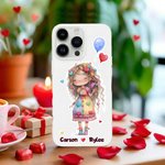 Personalised Romantic Cartoon Couple Phone Case for iPhone with Names Valentine's Day Anniversary Gift for Girlfriends Boyfriends