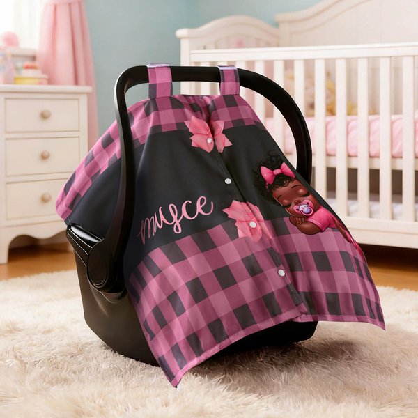 Personalisierte niedliche schwarze Baby Schleife karierten Baby Autositz Verdeck mit Namen Privatsphäre-schützende Outdoor-Zubehör Geburtstag Geschenk für Neugeborene Babies