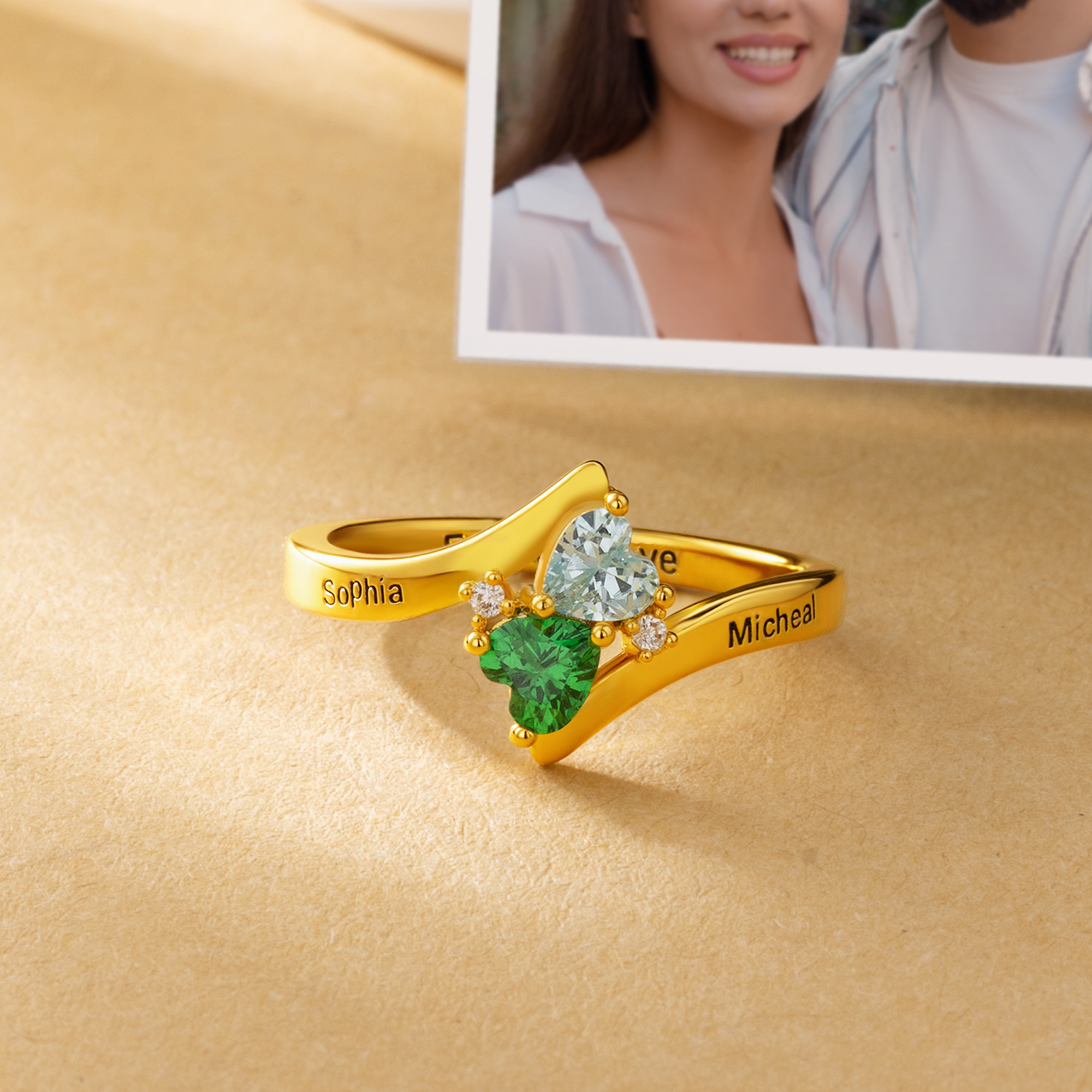 Bague en argent sterling personnalisée avec nom et pierres de naissance en forme de double coeur Cadeau d'anniversaire de St-Valentin pour couples et sœurs