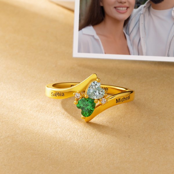 Personalised Double Heart Birthstones Sterling Silver Ring with Name Dainty Jewellery Valentine's Day Anniversary Gift for Couples Sister